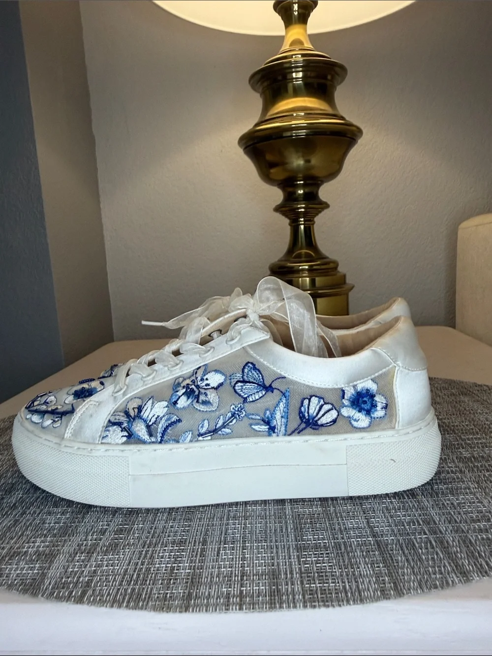 Betsey Johnson White Sneakers with Blue Floral Embroidery